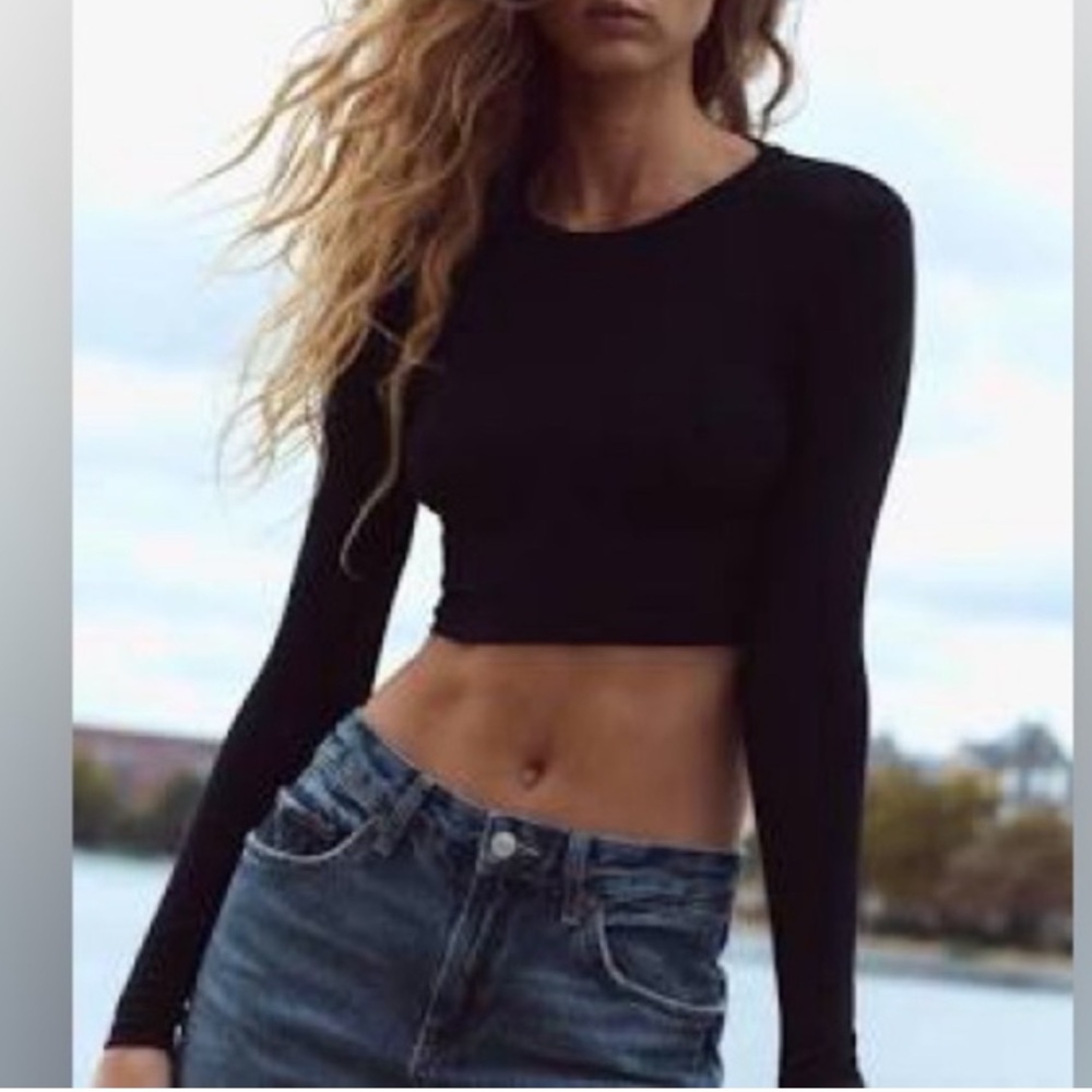 Zara Black Long Sleeve Crop Top M-L